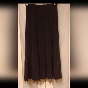 Chico's Travelers- Brown long tiered boho styble skirt with beaded hemline, Med